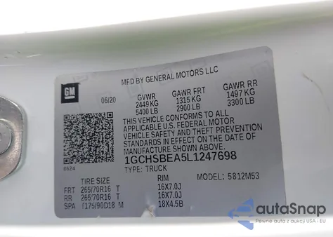 2020 Chevrolet Colorado 2Wd Long Box Wt z USA, uszkodzony, nr VIN 1GCHSBEA5L1247698